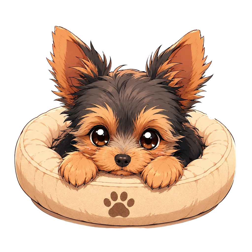 Alii, a fluffy Yorkie in a cozy bed